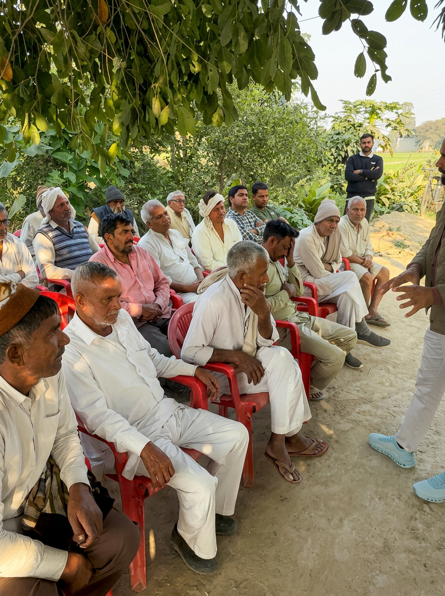 Khewra FPO farmer community meeting under a tree