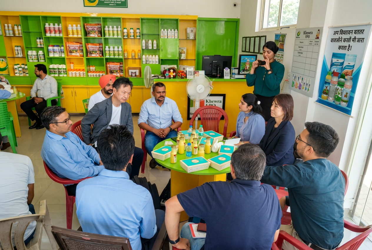 International delegation meeting at the Khewra FPO retail interior